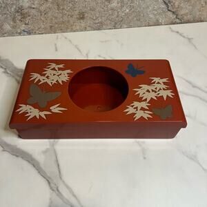 Vintage Retro Aquetta Ware Tissue Kleenex Holder Red Butterfly Floral Leaf MCM